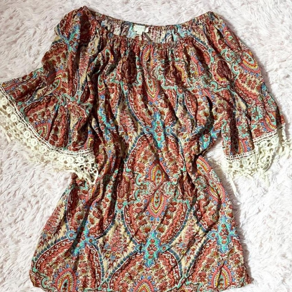 Boho Earthy Off Shoulder Earthy Lace Fringe Mini Dress Womens M Mandala Indie